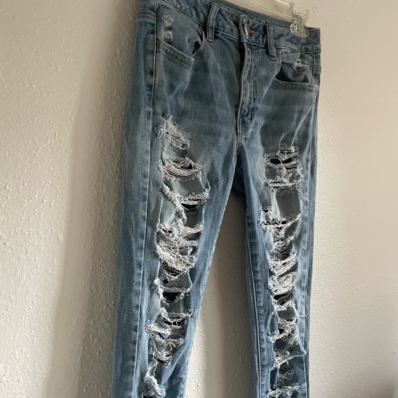 American Eagle Jeggings Super Stretch High Rise Skinny Light Wash Distressed - Picture 7 of 11